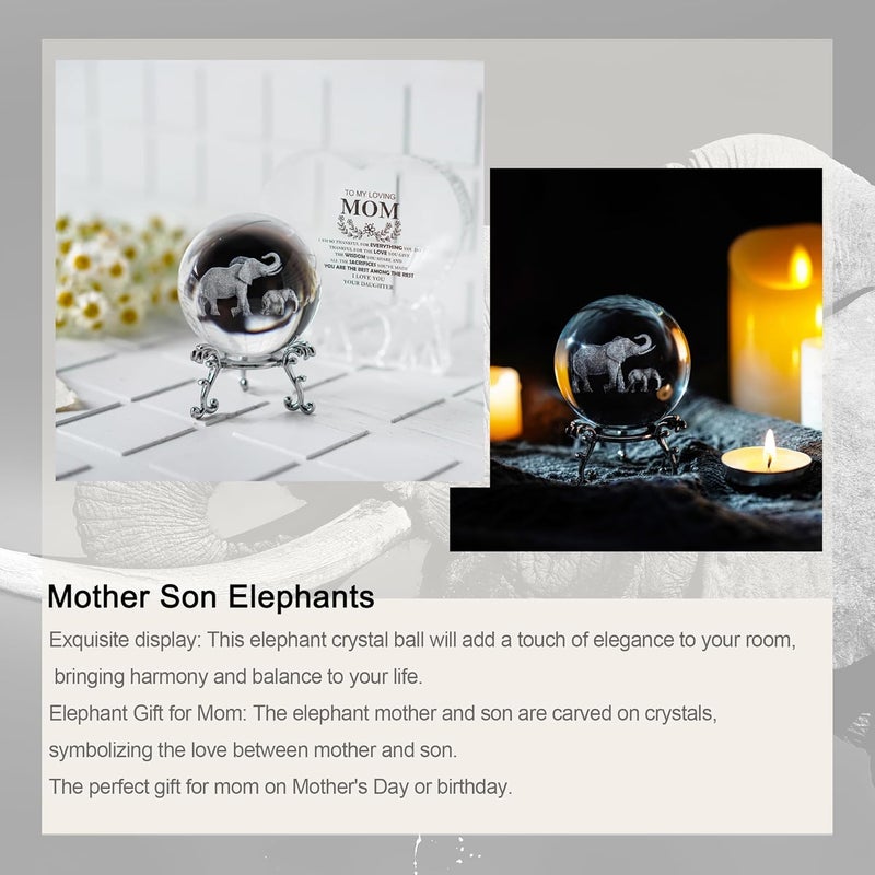 ZEERSHEE 60mm 3D Glass Laser Engraved Mother Son Elephants Crystal Ball with Stand Decorative Sphere Elephant Gifts for Women - Image 5